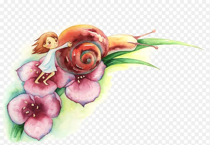 花朵上的女孩与蜗牛