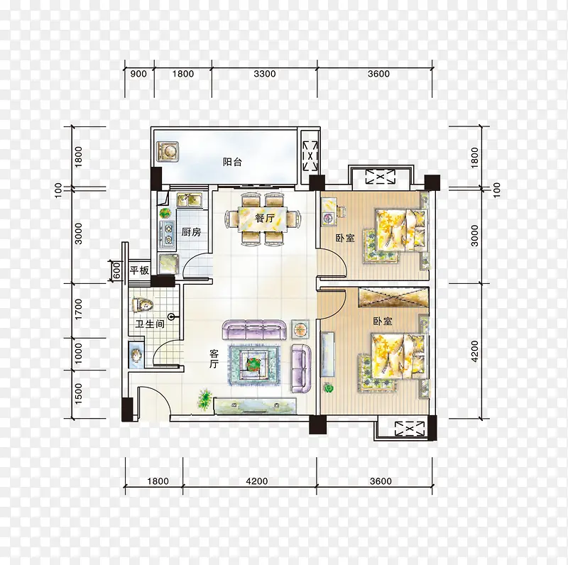 手绘风格两房两厅彩平图平面户型