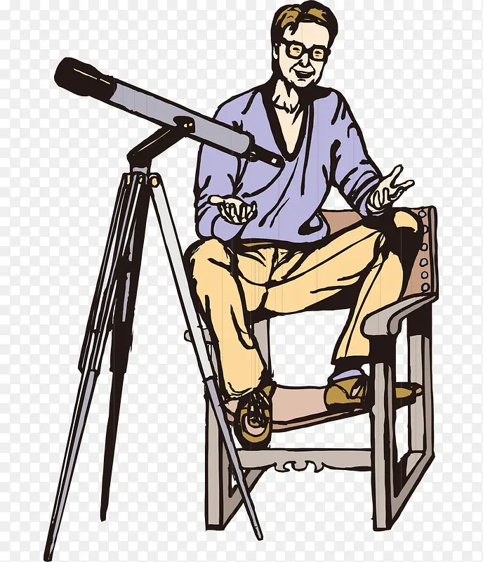 卡通手绘坐椅子上望远镜男人
