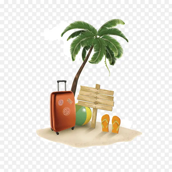 沙滩风情 卡通 椰子树 行李 吊牌