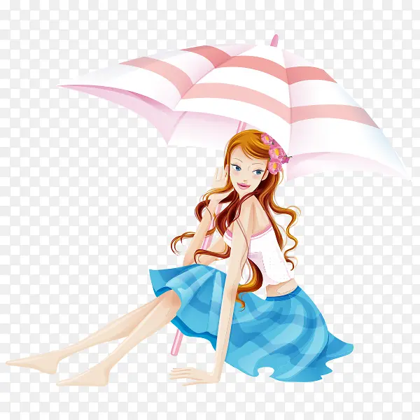 手绘沙滩打伞的性感美女