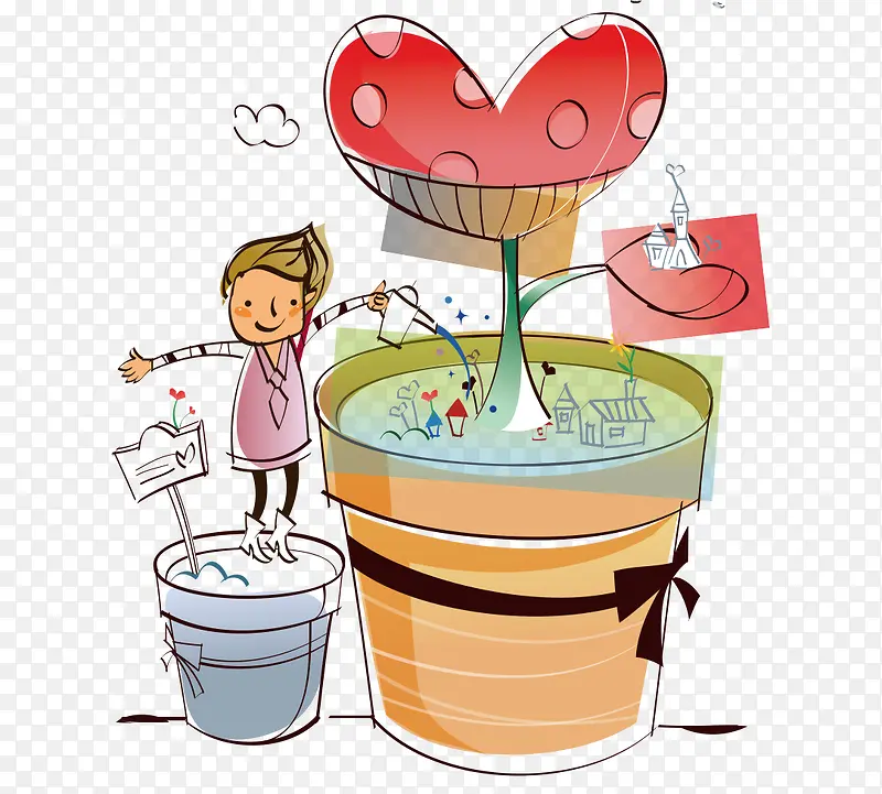 卡通手绘人物心形花卉盆载浇水