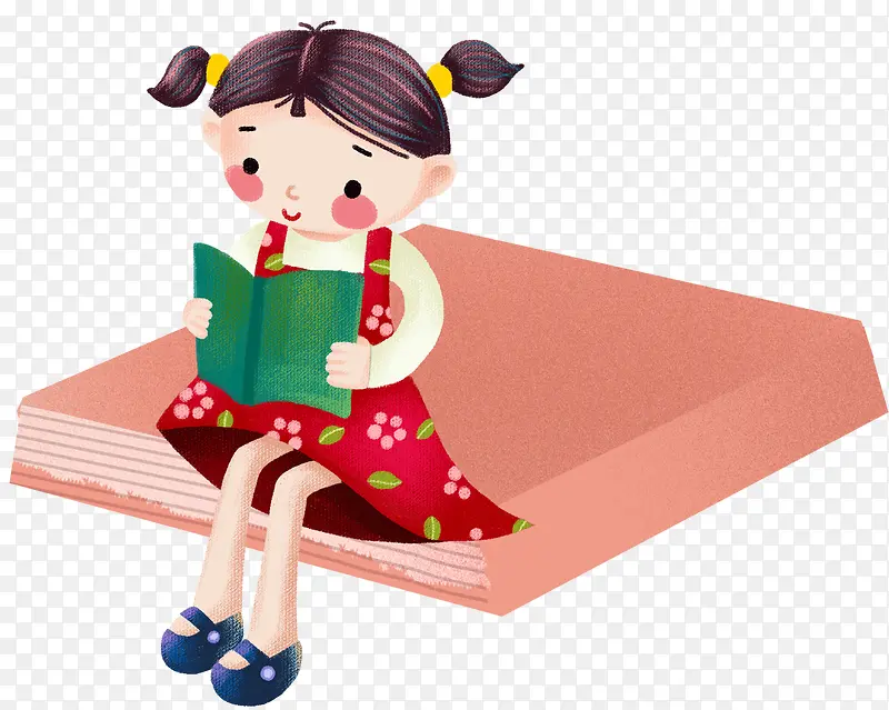 卡通手绘看书的小女孩