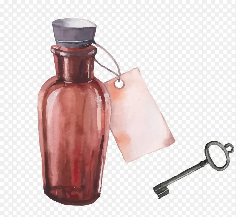 水彩手绘瓶子钥匙
