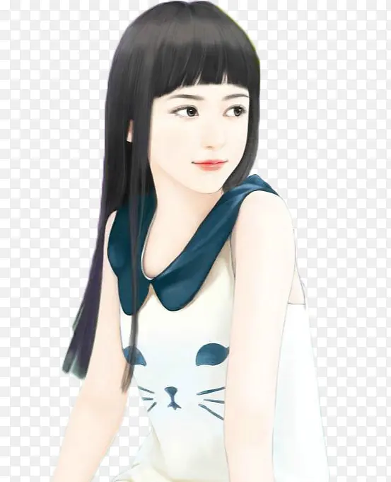 娃娃领长发少女手绘