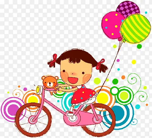 手绘小女孩骑自行车
