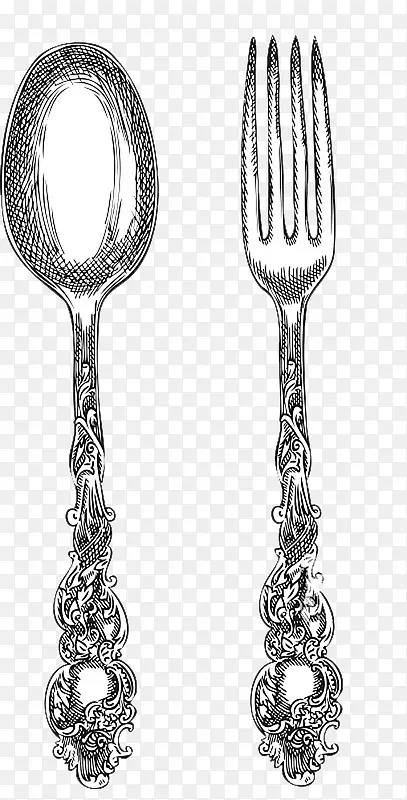 铅笔手绘插图餐具勺子叉子