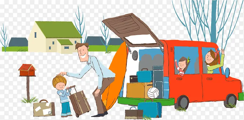 手绘幸福一家四口旅游矢量图