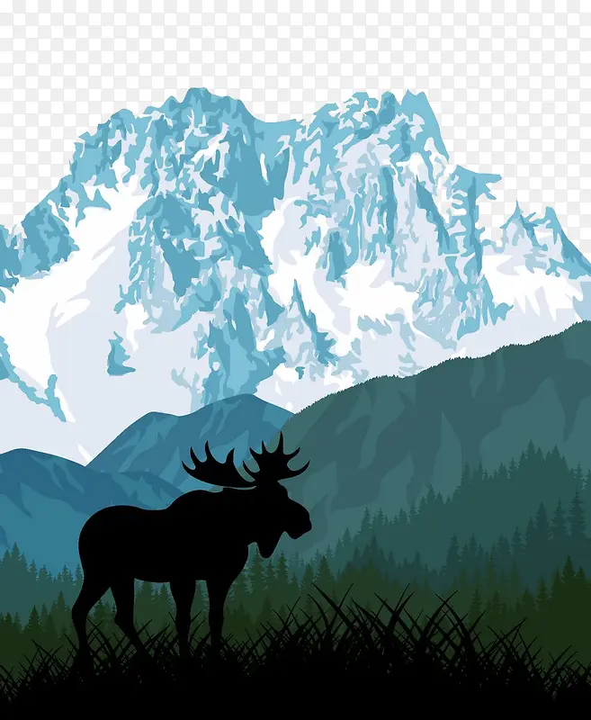 麋鹿剪影与雪山