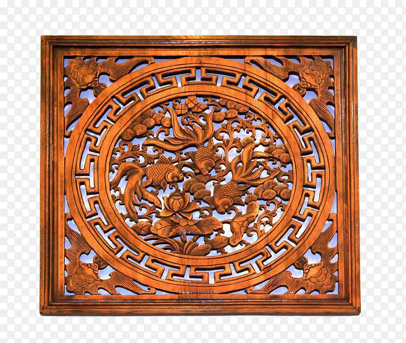 中式窗格木雕鱼