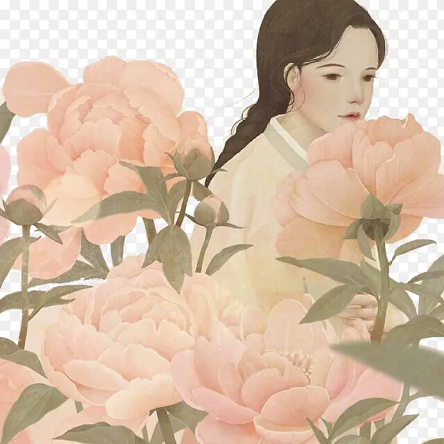 韩风女孩与牡丹花素材