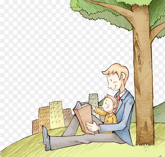卡通树下看书的父子PNG