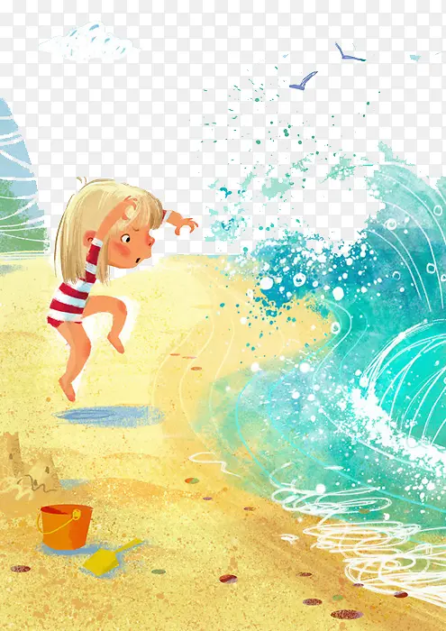 手绘女孩沙滩戏水
