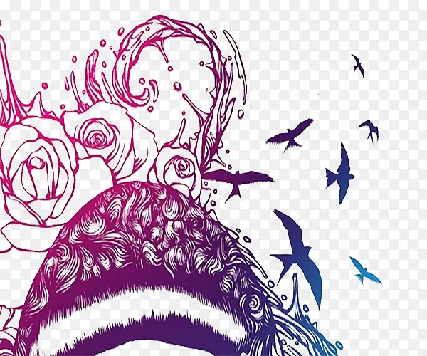 紫色剪纸速写插画