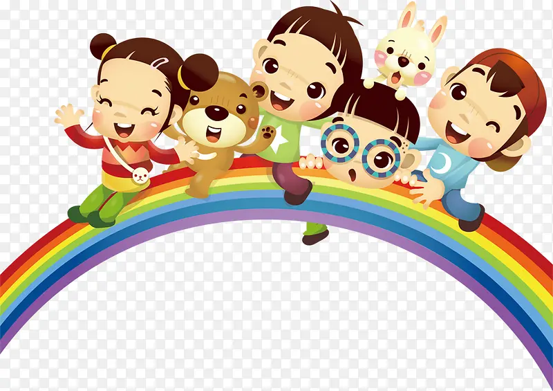 彩虹上的卡通儿童