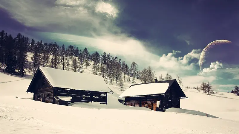 白色雪景里的小屋