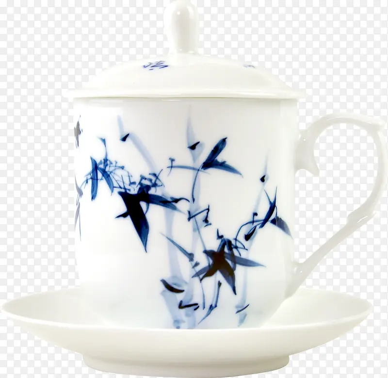 蓝色竹叶白色茶杯