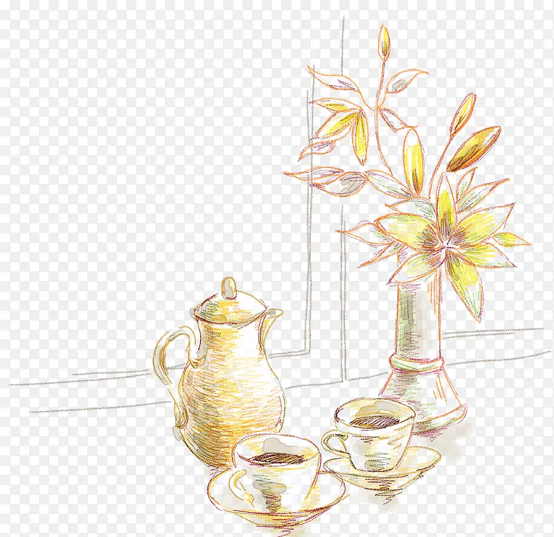 油画的花茶杯和茶壶