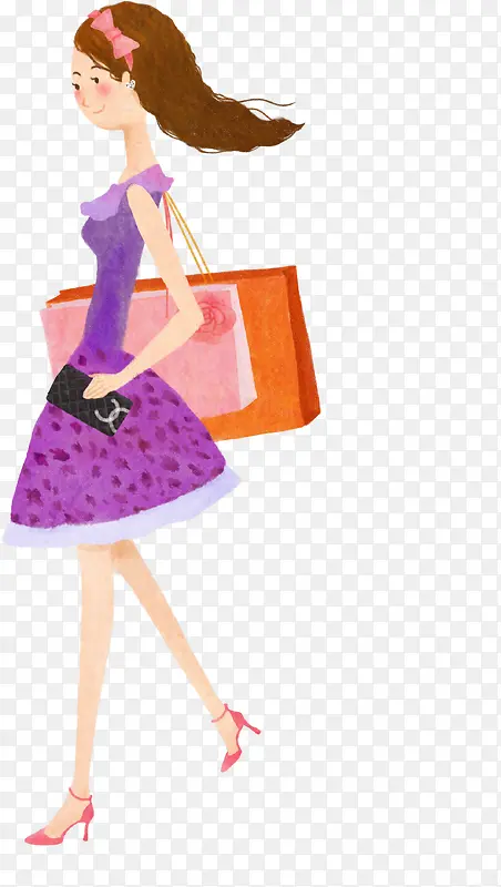 手绘紫色夏日长裙女孩钱包购物