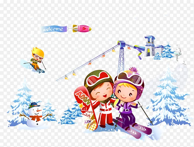 欢乐滑雪插画矢量图