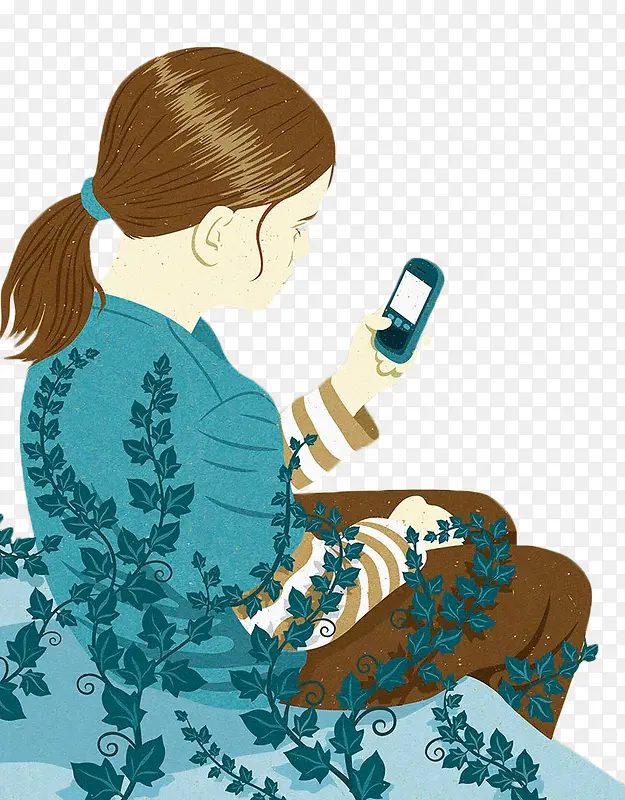 手绘少女玩手机插画
