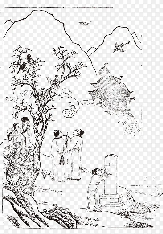 手绘黑白版画古代人郊游