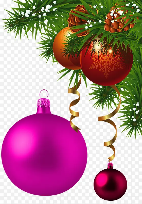 彩色圣诞礼物球和绿色松针