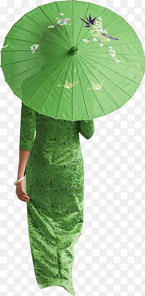 绿色旗袍撑伞美女背影