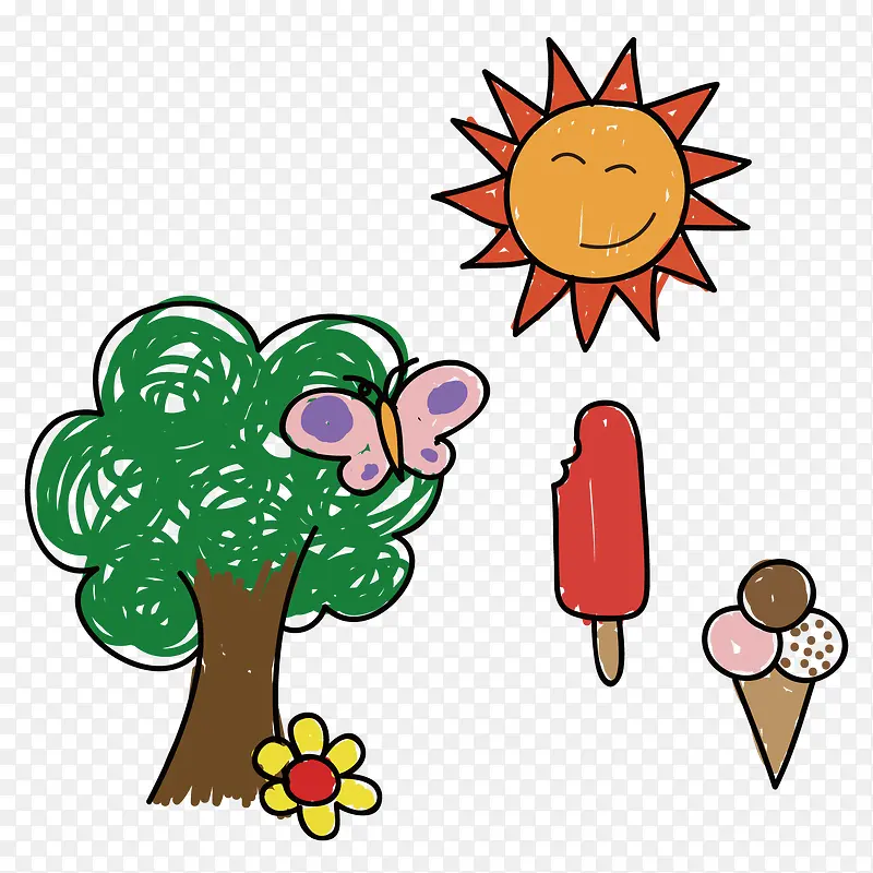 儿童插画树木和太阳