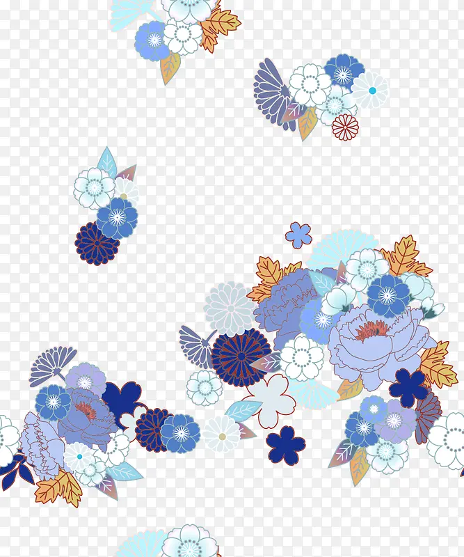 蓝色小清新花朵飘散装饰图案