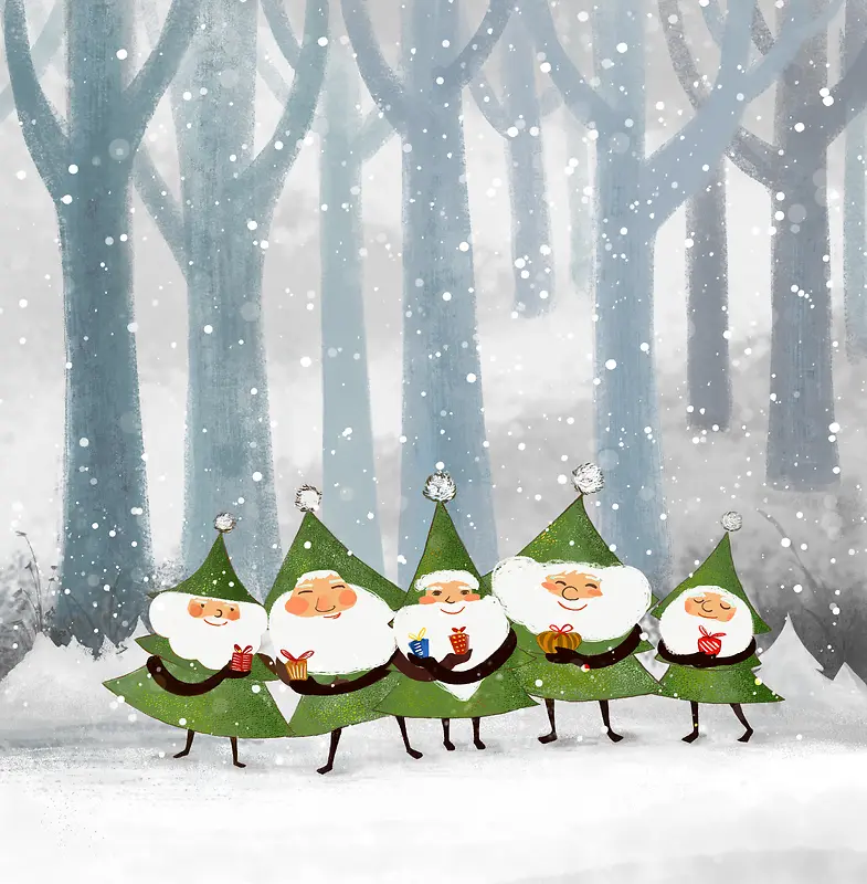 雪夜树林中的圣诞老人海报背景