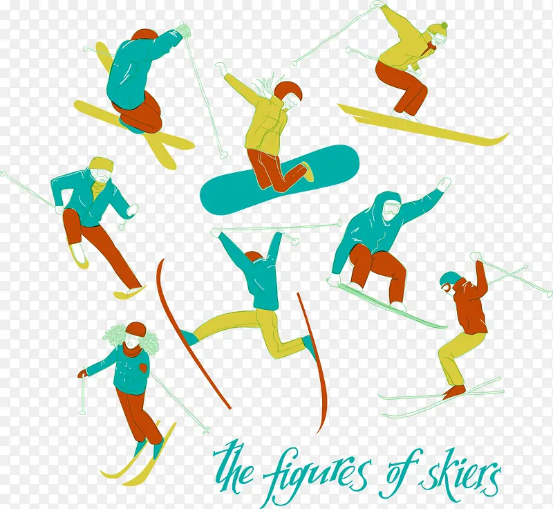 8款彩绘滑雪姿势设计矢量图