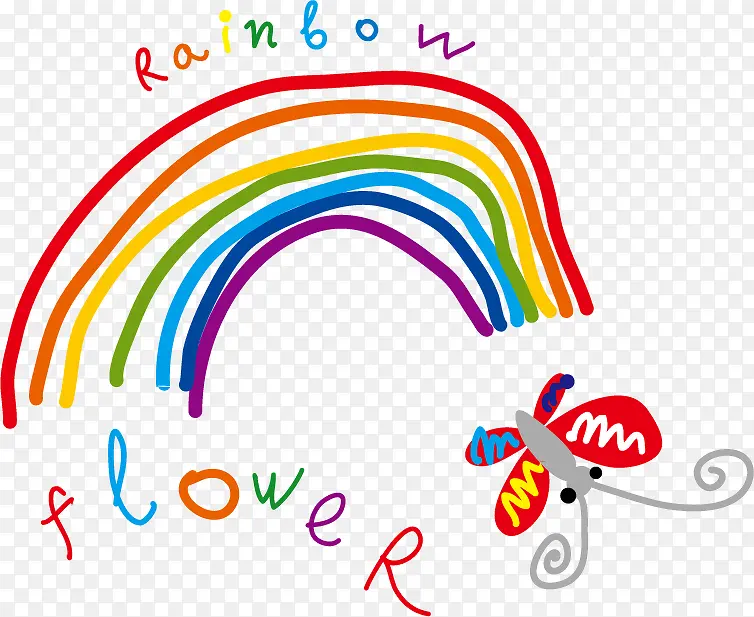 手绘线条画彩虹与蝴蝶