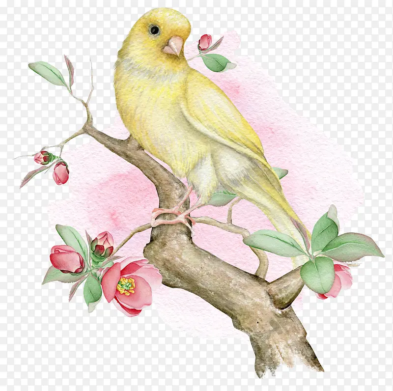 卡通手绘黄色的小鸟与花