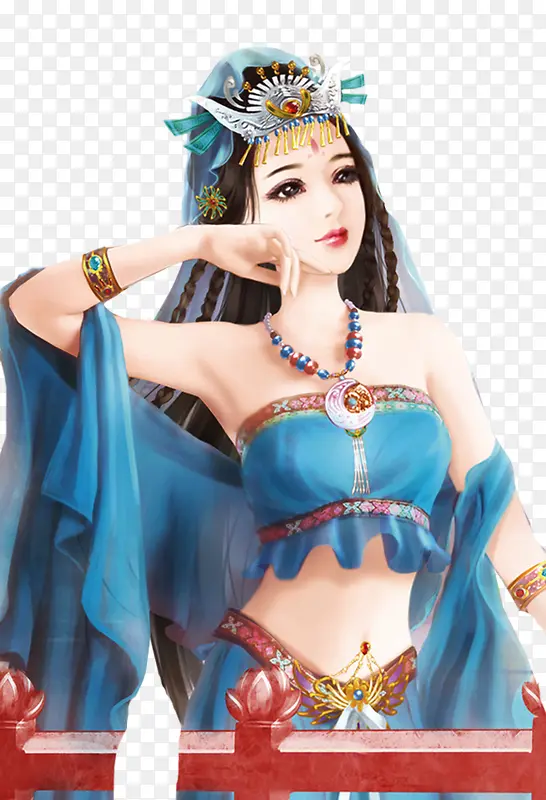 蓝色衣袍银头饰女子古风立绘