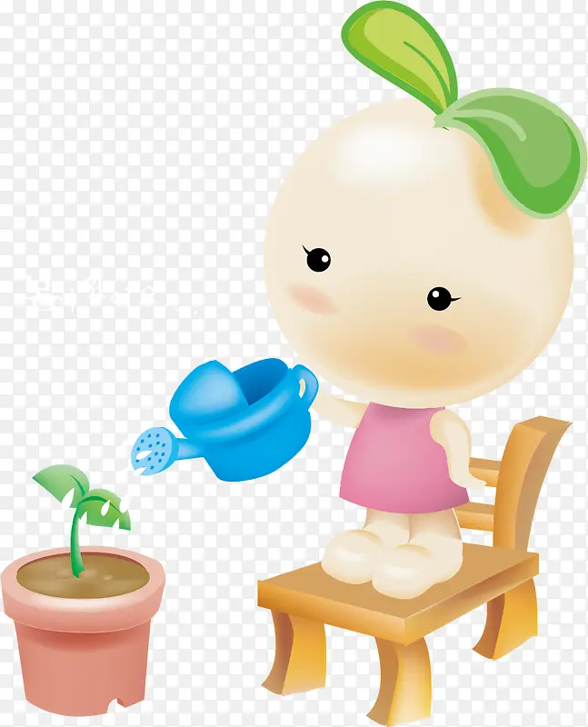 站在凳子上浇花的绿叶宝宝