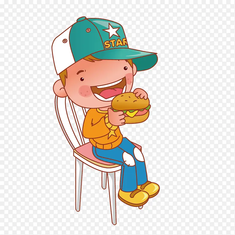 坐凳子吃汉堡的卡通小男孩