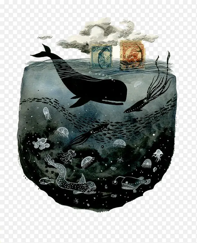 海洋里的鲸鱼等生物与天空白云