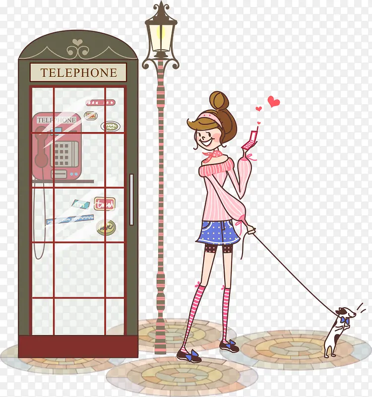矢量电话亭边上的卡通女孩
