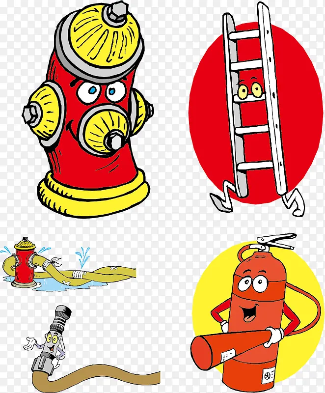 彩色手绘消防设备卡通图