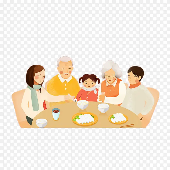 卡通一家人围桌吃饭