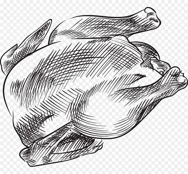 卡通手绘素描线稿黑白烤鸭插画