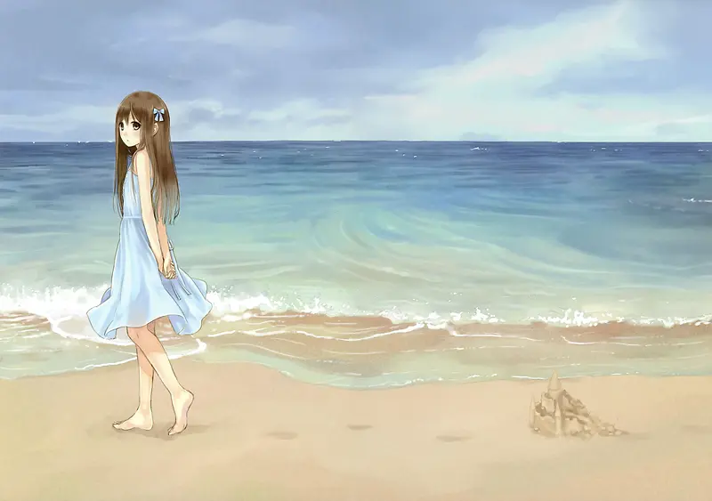 卡通手绘海边的小萝莉