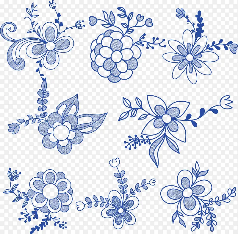 矢量蓝色手绘水果花朵插图