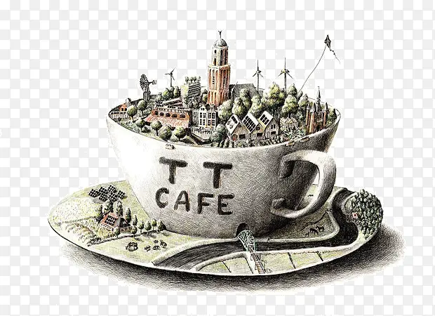 咖啡杯中的城市素描插画
