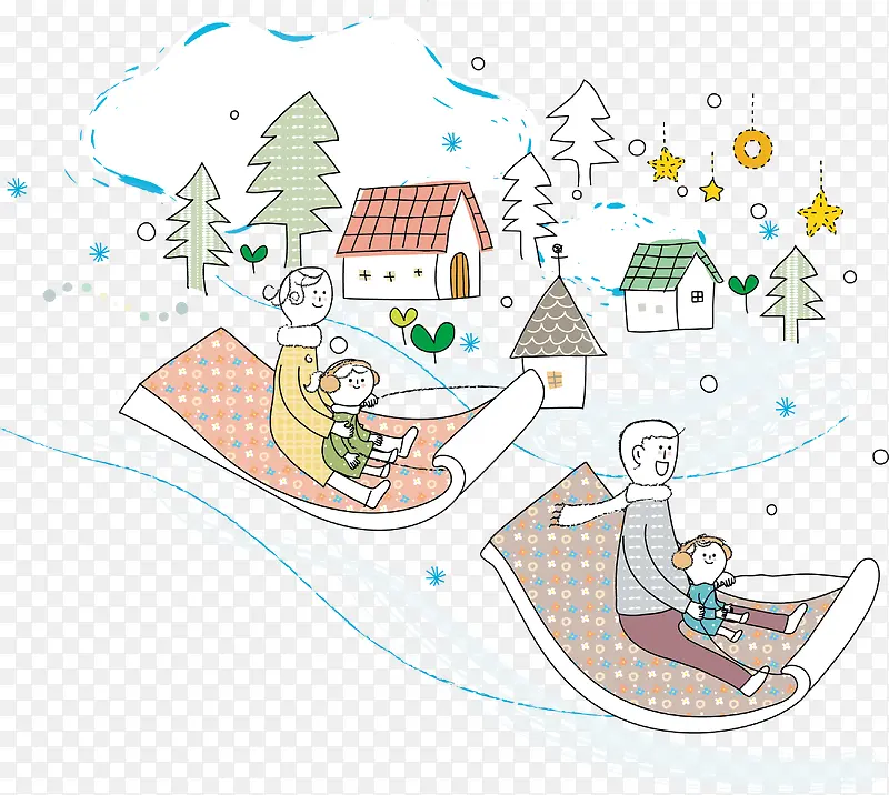 冬季滑雪的一家插画