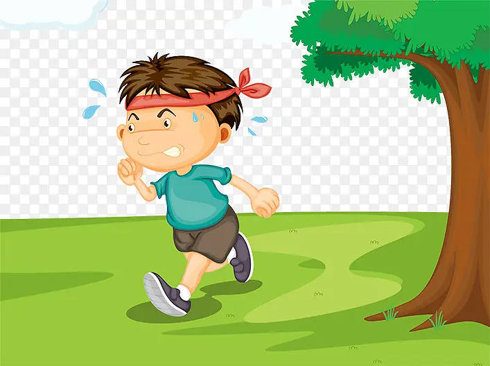 可爱卡通插图草地上跑步的小男孩