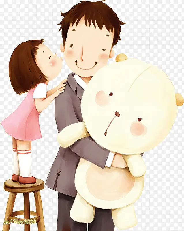 父亲抱着小熊女儿亲父亲卡通亲子