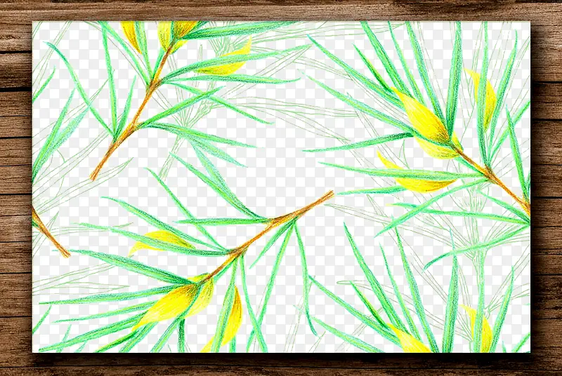 手绘绿色植物图案木纹边框