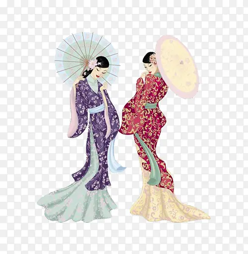 两个女士穿和服撑伞